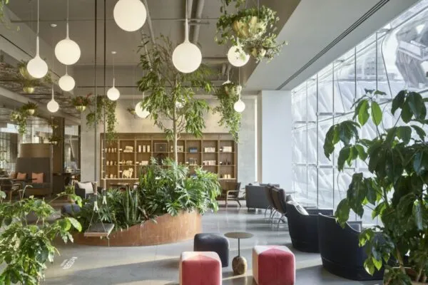 Some of the more popular forms of “plantscaping” include living plant walls and the use of hanging baskets and decorative planters filled with greenery. Image provided by Lawrence Group. | Biophilic Elements Alive and Well in Higher Education Design